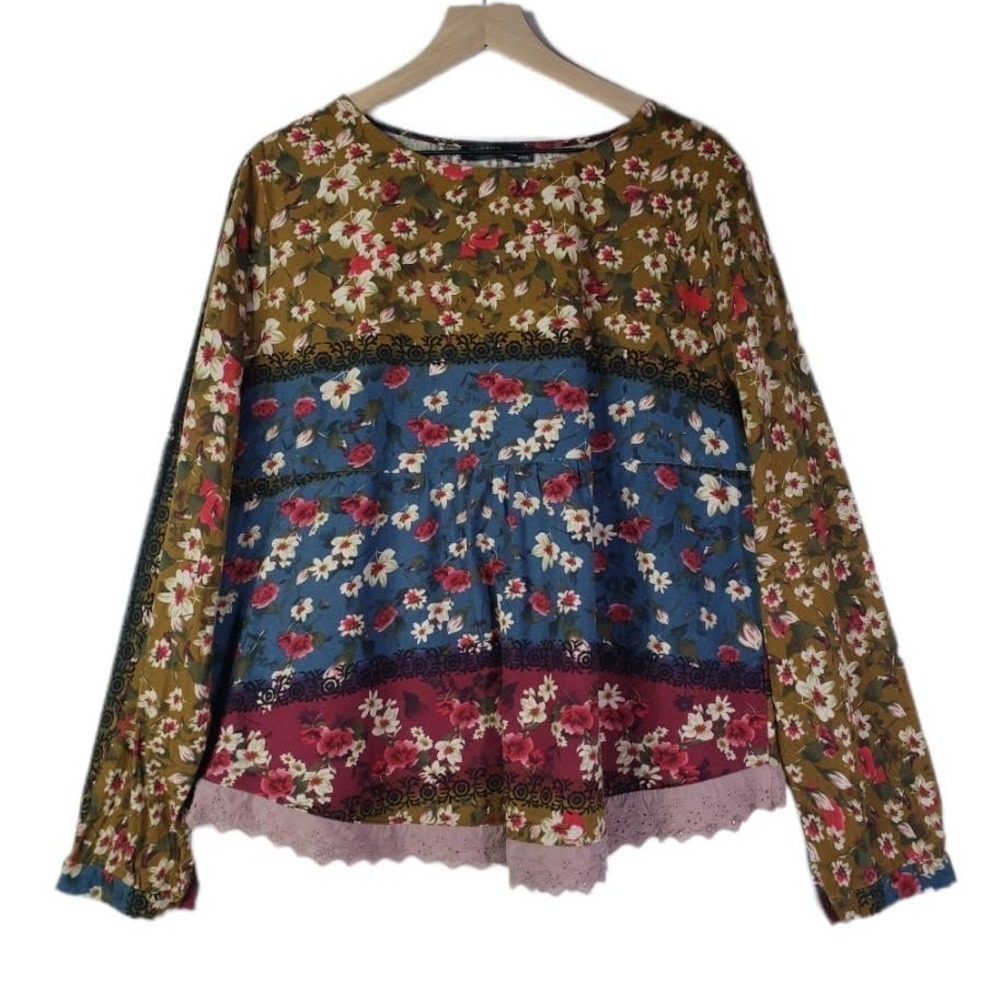 Boho Floral Print Cotton Blouse‎ 12 Maroon Olive Blue